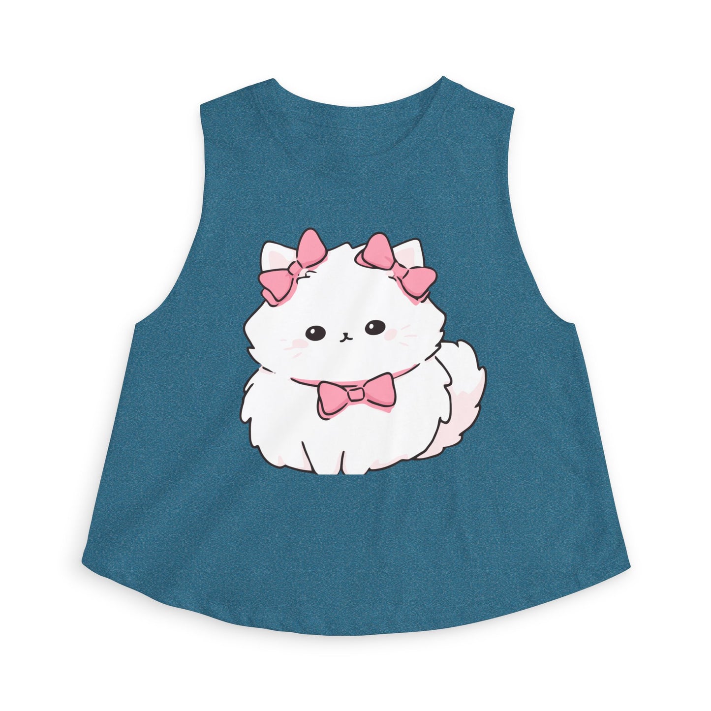 Cute White Fluffy Kitten Crop Top – Women's Pink Bow Cat Graphic