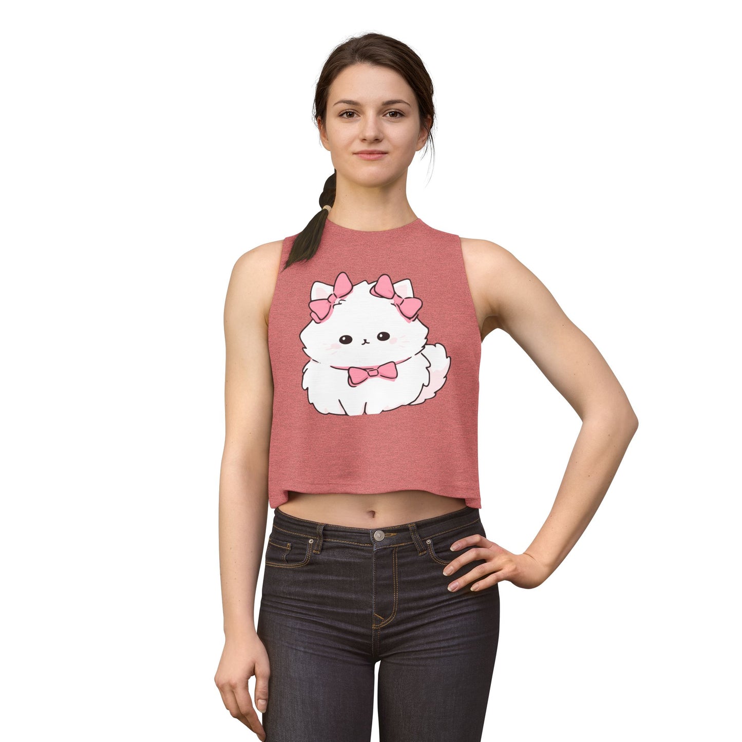 Cute White Fluffy Kitten Crop Top – Women's Pink Bow Cat Graphic