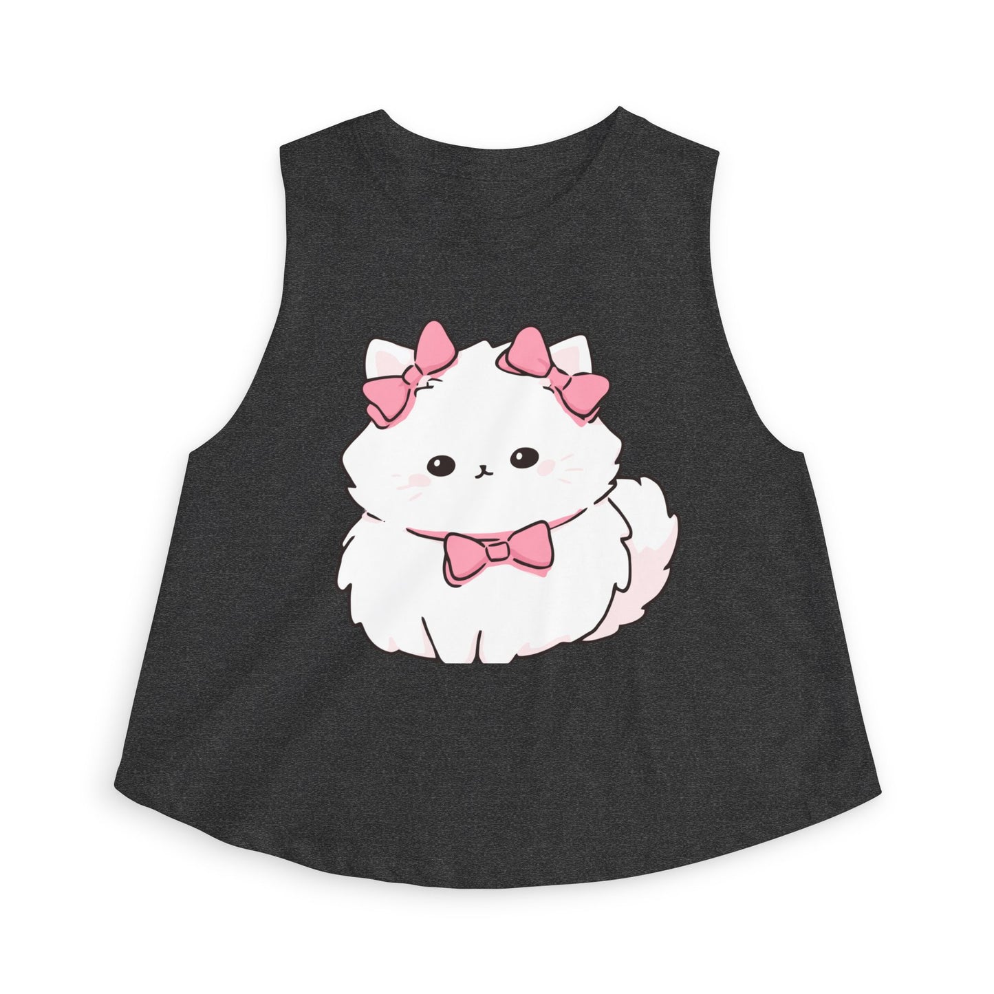 Cute White Fluffy Kitten Crop Top – Women's Pink Bow Cat Graphic