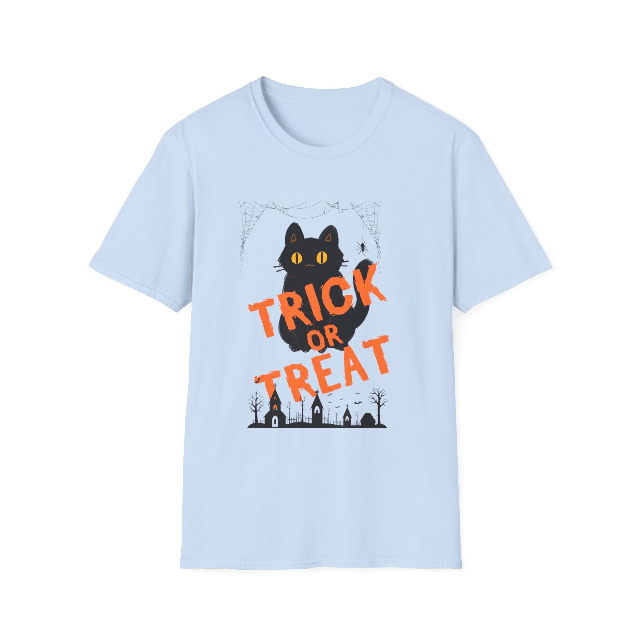 Halloween Cat T-Shirt, Softstyle Unisex Tee, Trick or Treat Shirt, Halloween Apparel, Spooky Cat Shirt, Fall Fashion Top
