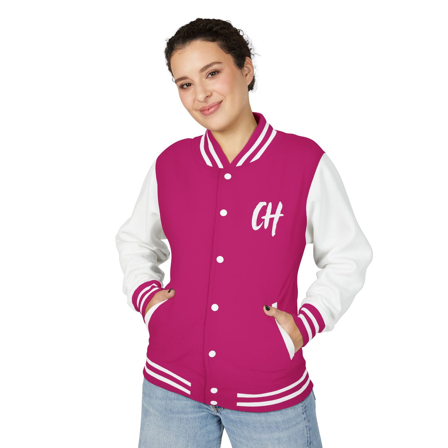 Letterman Jacket — Pink Varsity Jacket with 'CH' Chest and Number 16 Back