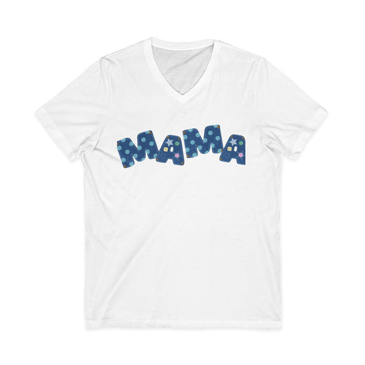 Mama Polka Dot V-Neck Tee — Playful Blue Mama T-Shirt for Moms, Mother's Day Gift