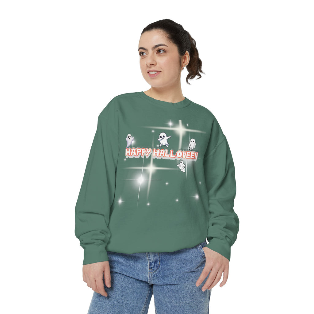 Happy Halloween Unisex Sweatshirt, Cozy Fall Apparel, Ghost Print Sweater, Halloween Gift, Trendy Sweatshirt for Men and Women