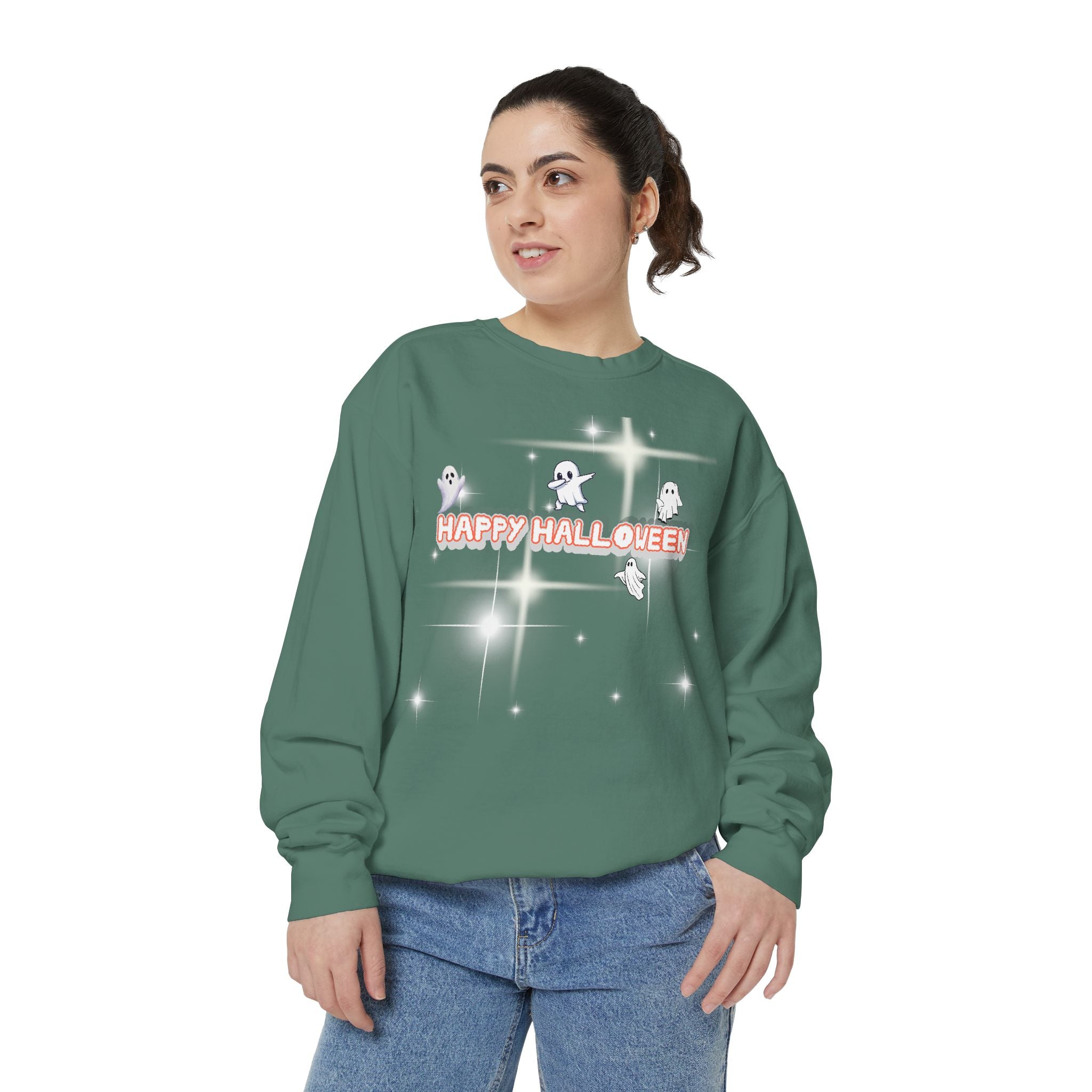 Happy Halloween Unisex Sweatshirt, Cozy Fall Apparel, Ghost Print Sweater, Halloween Gift, Trendy Sweatshirt for Men and Women