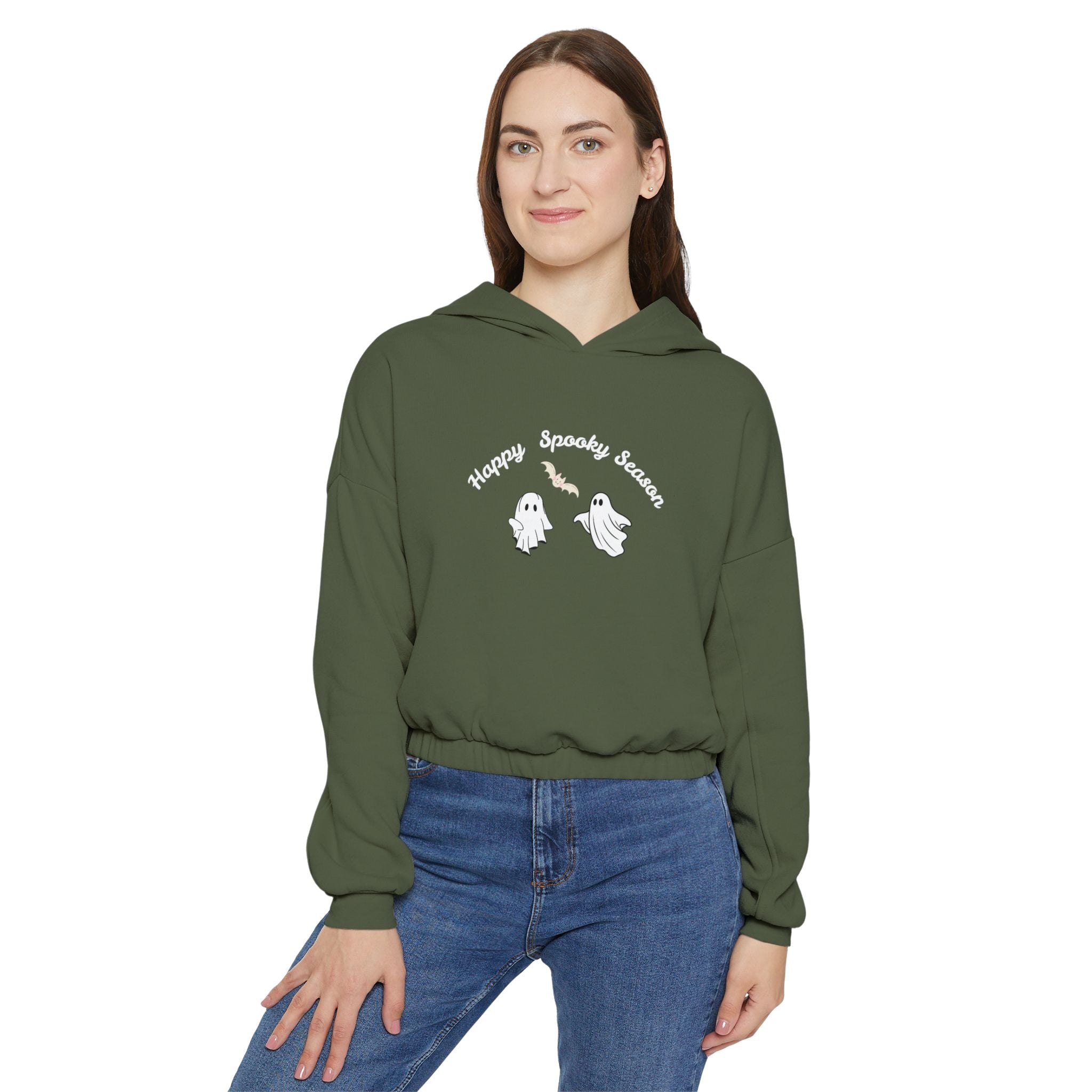Halloween Ghosts Hoodie, Women's Cinched Bottom Hoodie, Spooky Season Apparel, Cozy Sweatshirt, Halloween Gift, Cute Ghost Hoodie