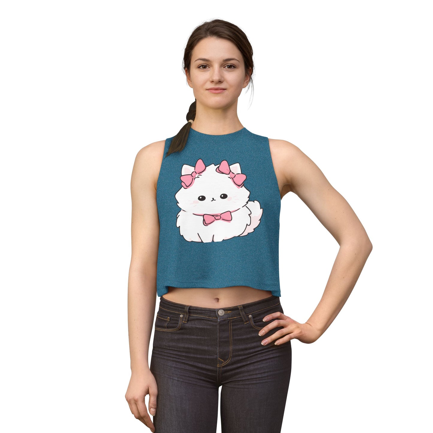 Cute White Fluffy Kitten Crop Top – Women's Pink Bow Cat Graphic