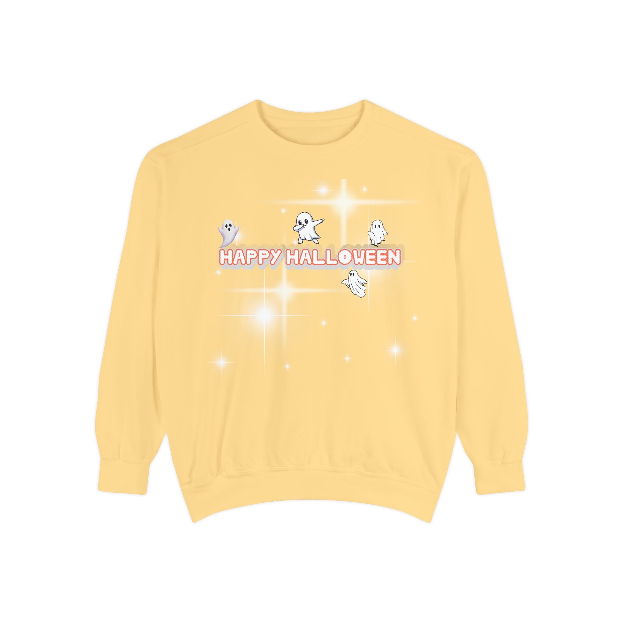 Happy Halloween Unisex Sweatshirt, Cozy Fall Apparel, Ghost Print Sweater, Halloween Gift, Trendy Sweatshirt for Men and Women