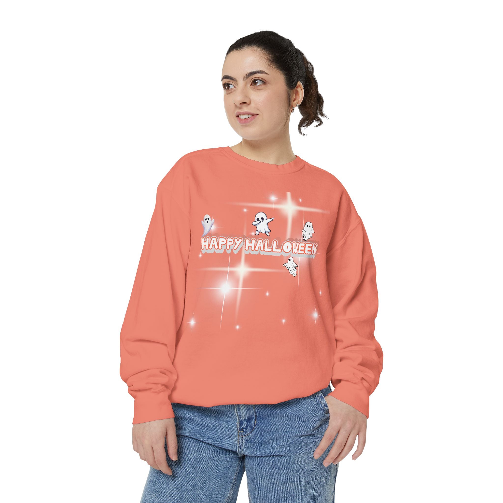 Happy Halloween Unisex Sweatshirt, Cozy Fall Apparel, Ghost Print Sweater, Halloween Gift, Trendy Sweatshirt for Men and Women