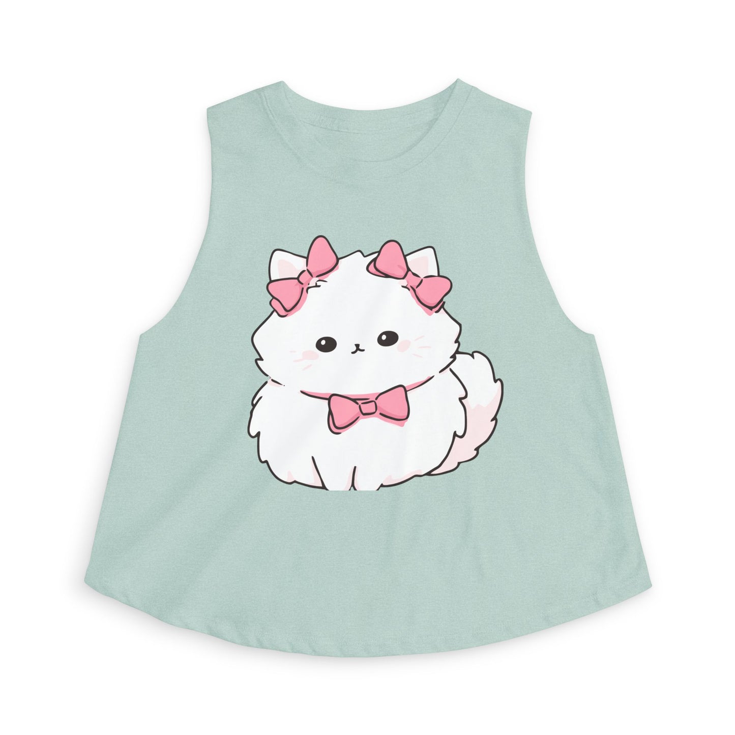 Cute White Fluffy Kitten Crop Top – Women's Pink Bow Cat Graphic