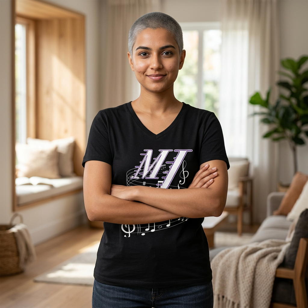 Music Initial V-Neck Tee — MJ Monogram with Musical Notes