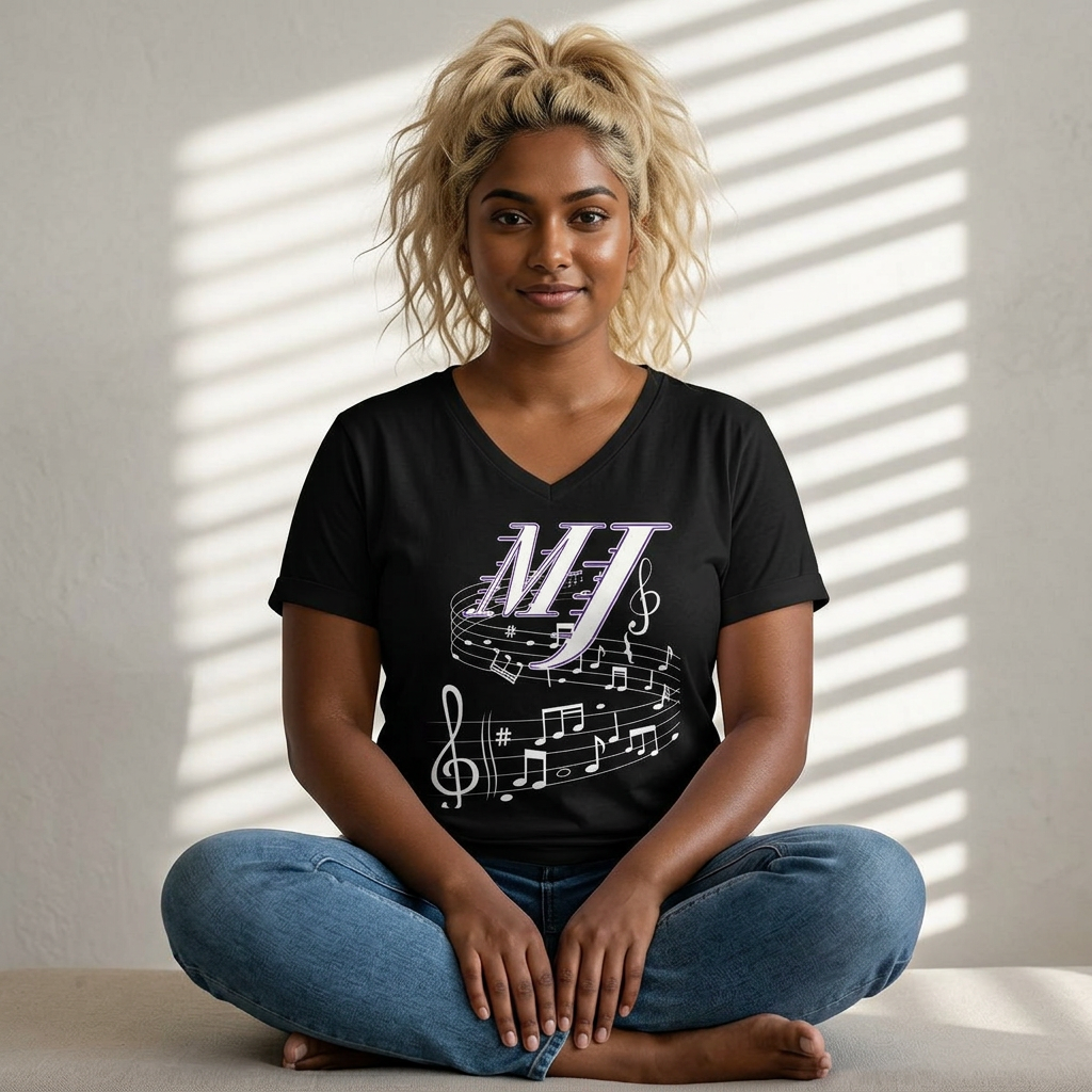 Music Initial V-Neck Tee — MJ Monogram with Musical Notes