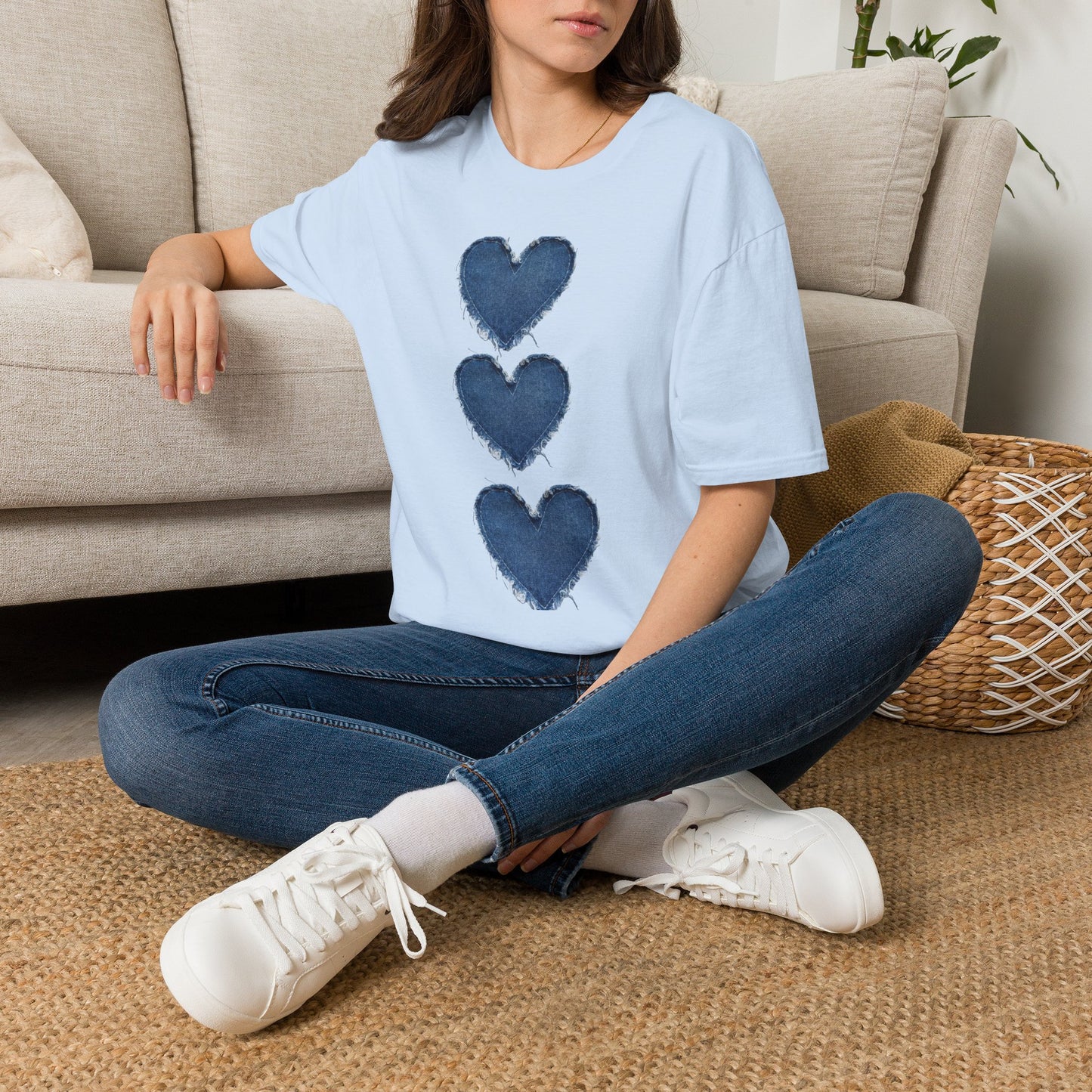 Blue Watercolor Triple Hearts T-Shirt — Romantic Casual Tee