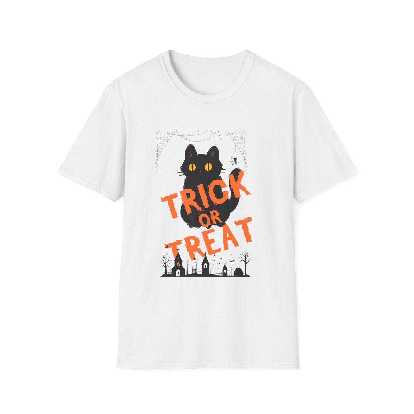 Halloween Cat T-Shirt, Softstyle Unisex Tee, Trick or Treat Shirt, Halloween Apparel, Spooky Cat Shirt, Fall Fashion Top