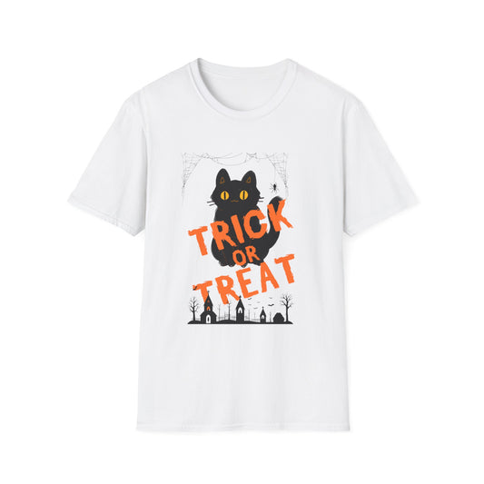 Halloween Cat T-Shirt, Softstyle Unisex Tee, Trick or Treat Shirt, Halloween Apparel, Spooky Cat Shirt, Fall Fashion Top
