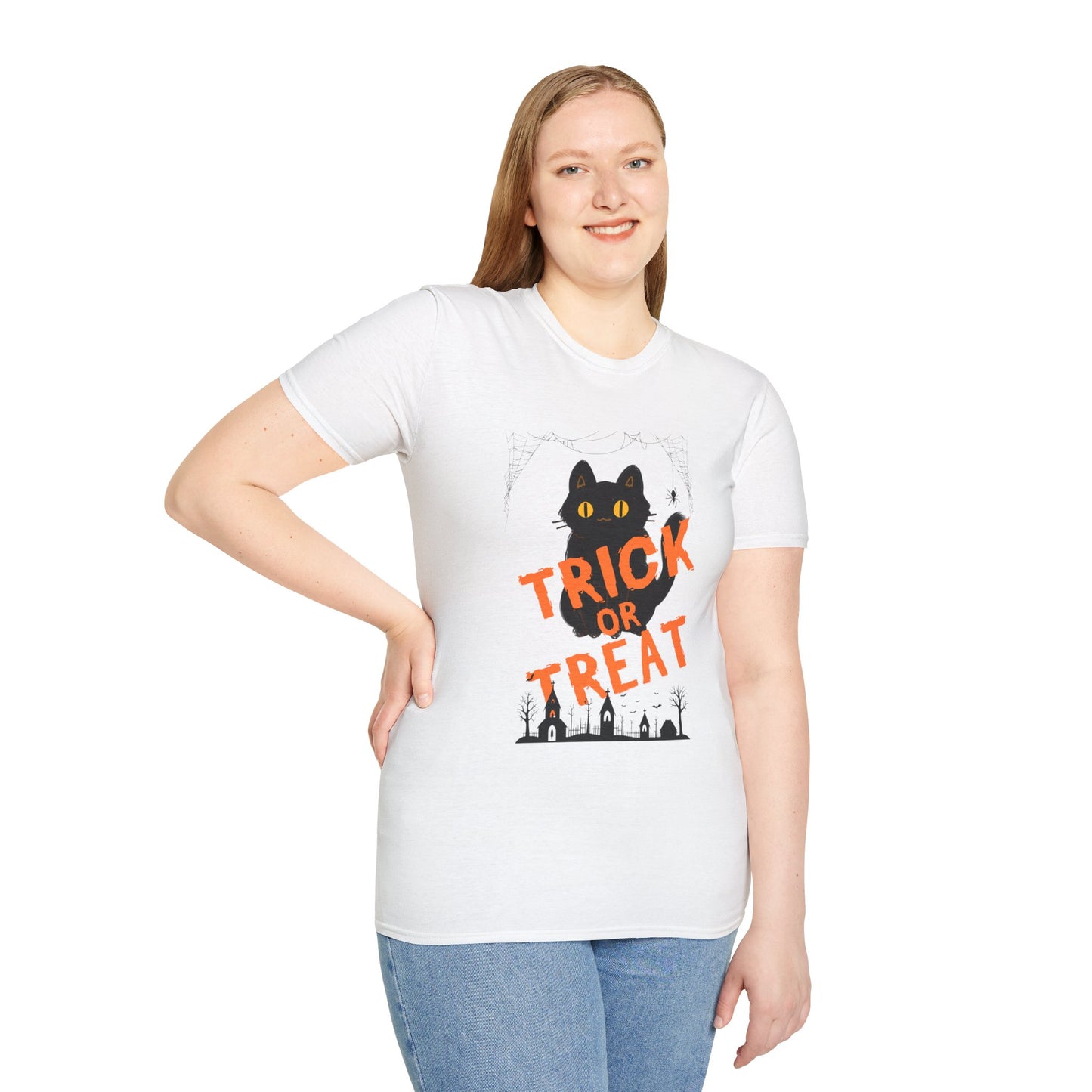 Halloween Cat T-Shirt, Softstyle Unisex Tee, Trick or Treat Shirt, Halloween Apparel, Spooky Cat Shirt, Fall Fashion Top