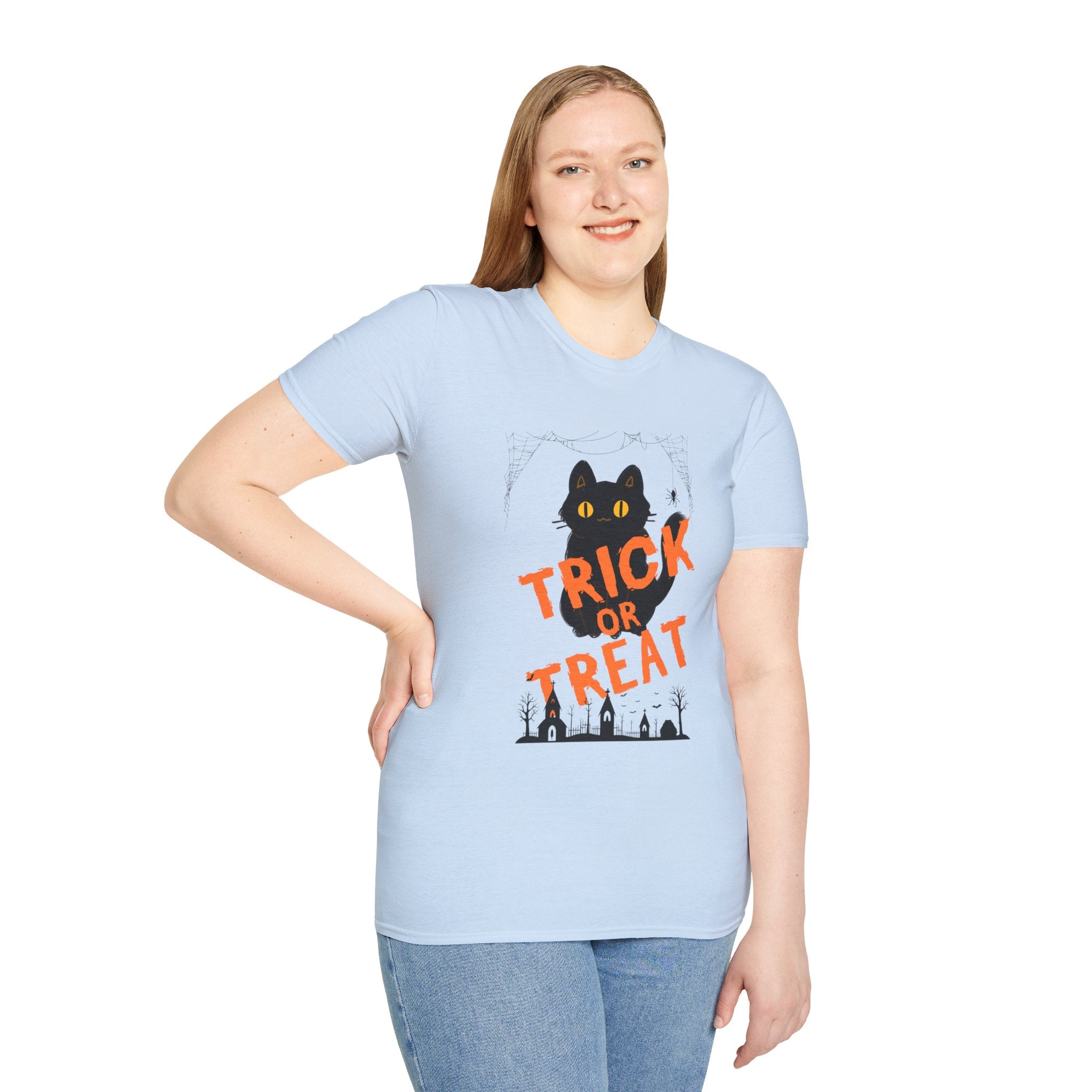 Halloween Cat T-Shirt, Softstyle Unisex Tee, Trick or Treat Shirt, Halloween Apparel, Spooky Cat Shirt, Fall Fashion Top