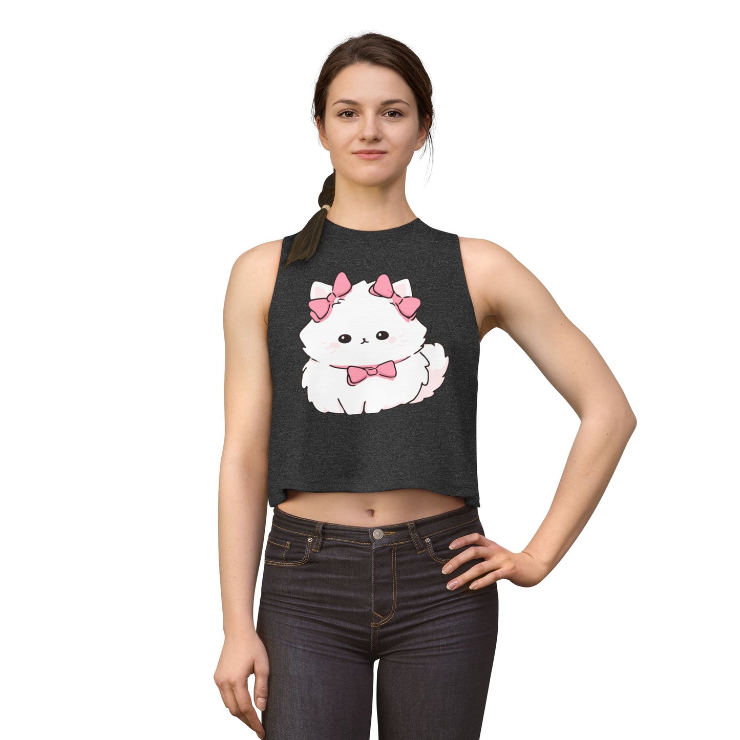 Cute White Fluffy Kitten Crop Top – Women's Pink Bow Cat Graphic