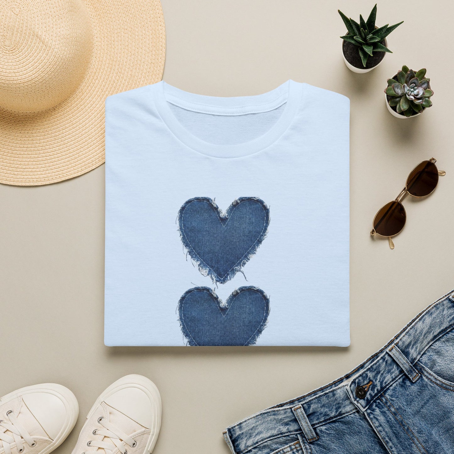 Blue Watercolor Triple Hearts T-Shirt — Romantic Casual Tee