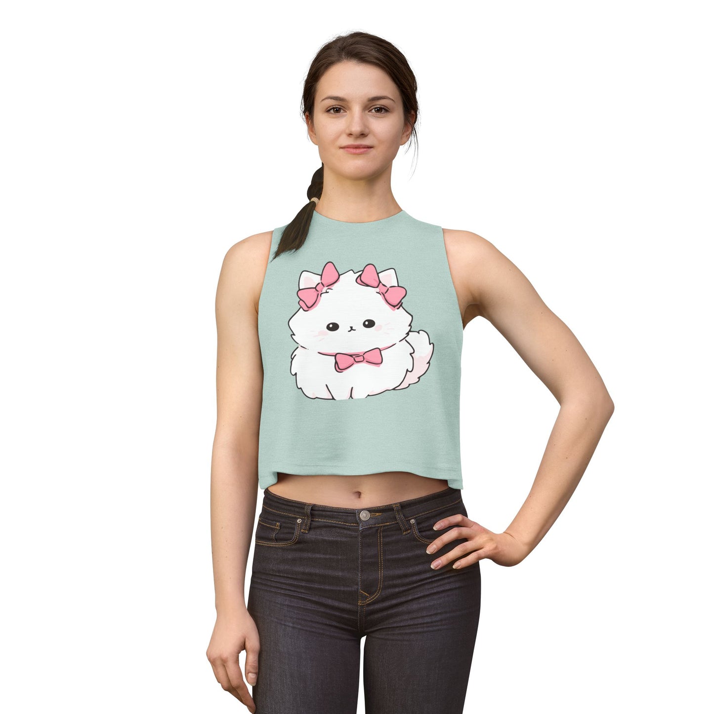 Cute White Fluffy Kitten Crop Top – Women's Pink Bow Cat Graphic