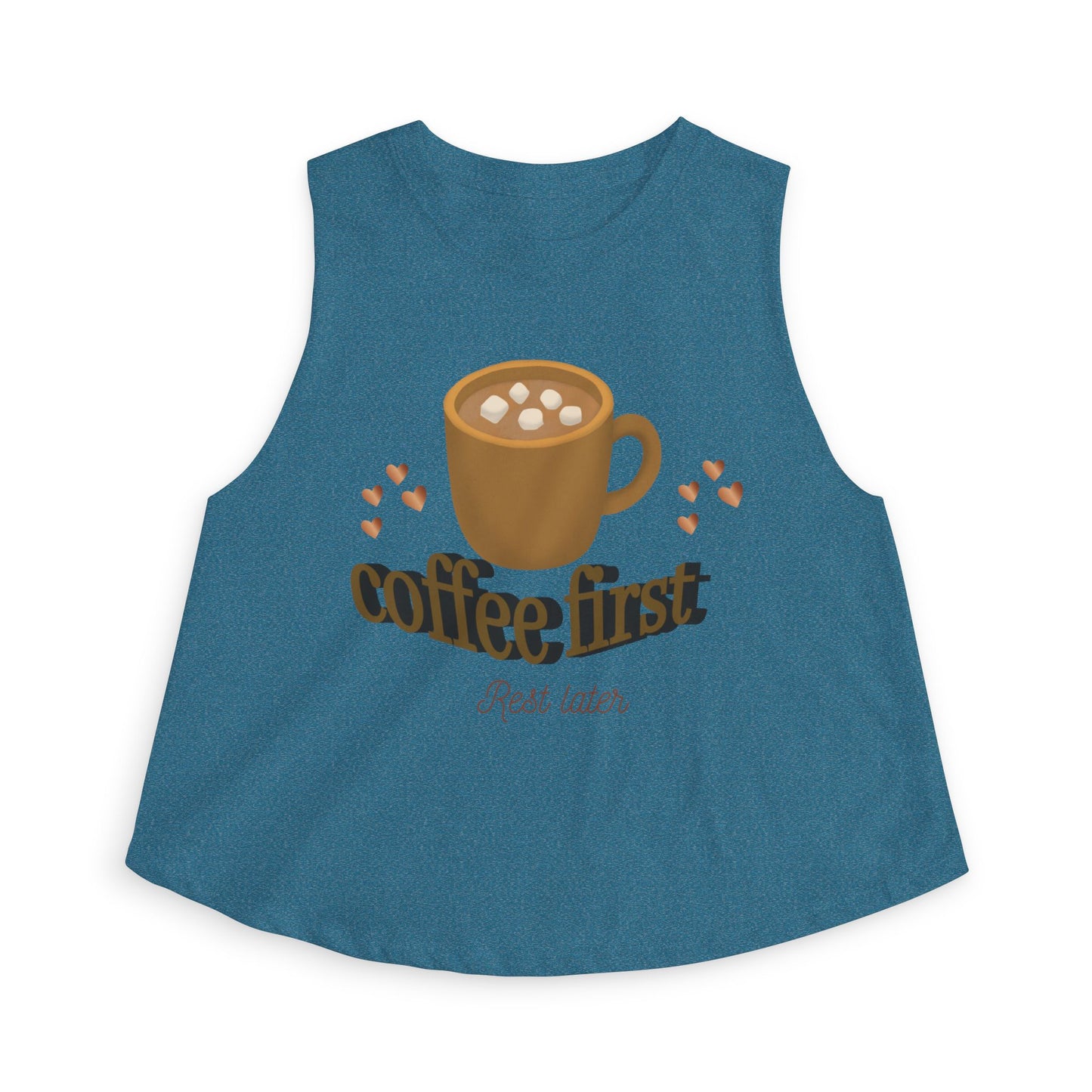 Coffee First Crop Top — Women's Cute Coffee Graphic Tank, "Coffee First: Rest Later"