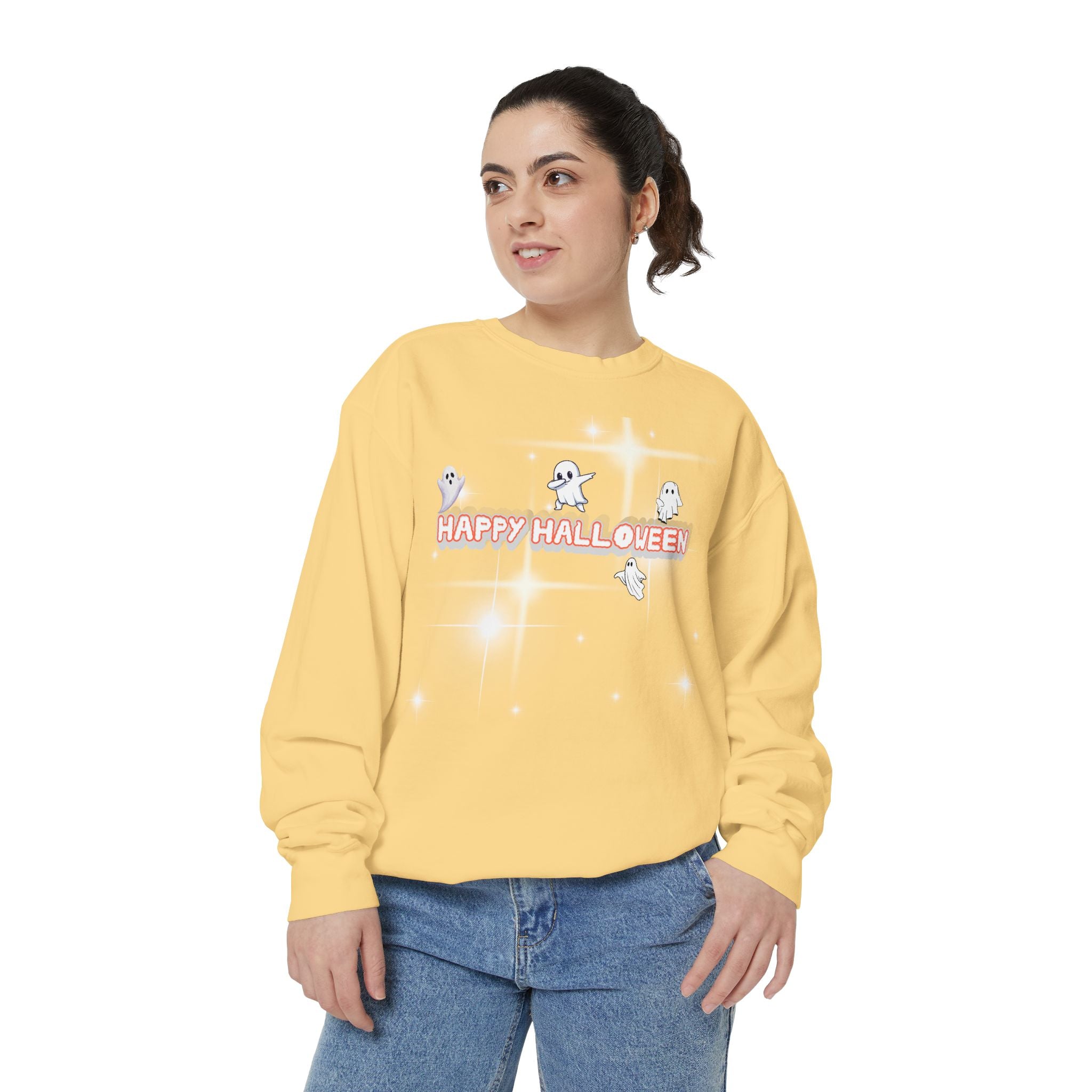 Happy Halloween Unisex Sweatshirt, Cozy Fall Apparel, Ghost Print Sweater, Halloween Gift, Trendy Sweatshirt for Men and Women