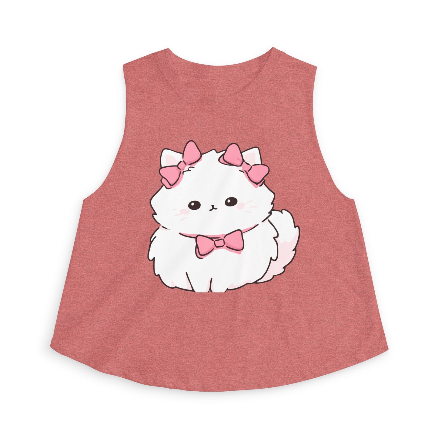 Cute White Fluffy Kitten Crop Top – Women's Pink Bow Cat Graphic