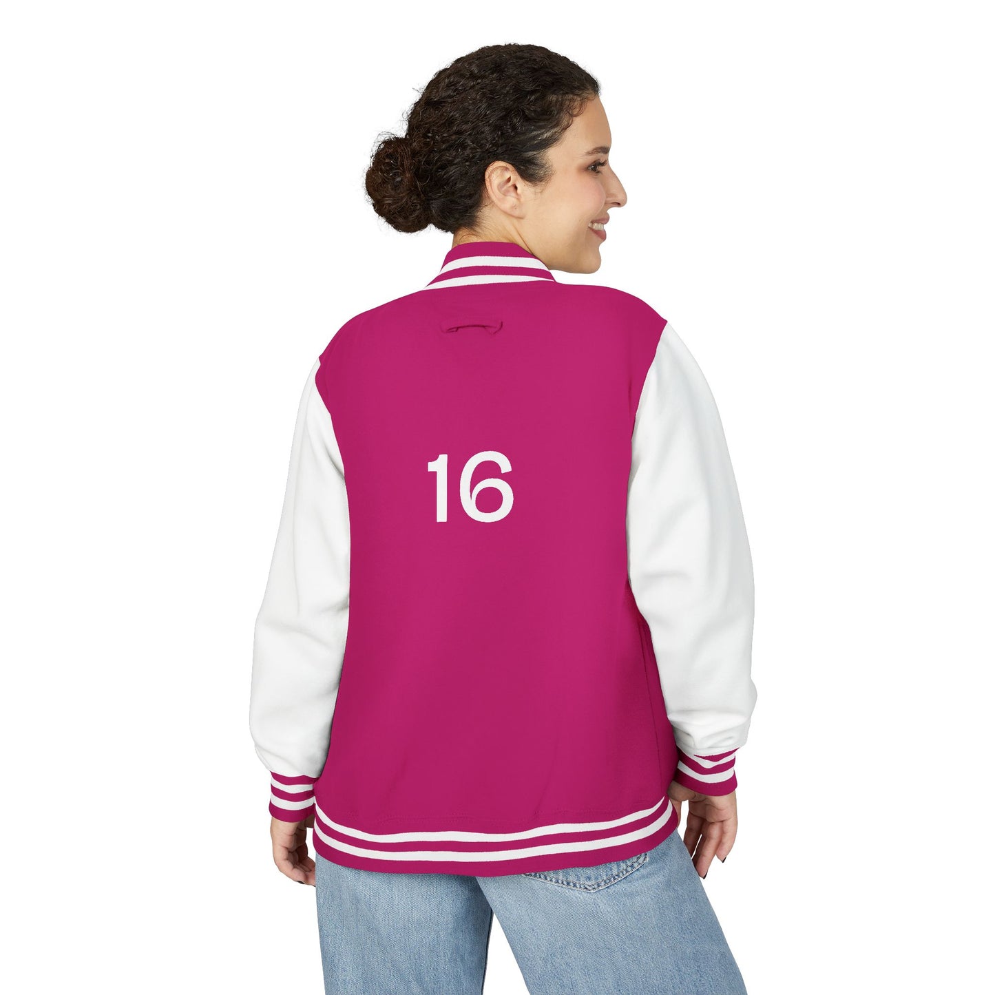 Letterman Jacket — Pink Varsity Jacket with 'CH' Chest and Number 16 Back