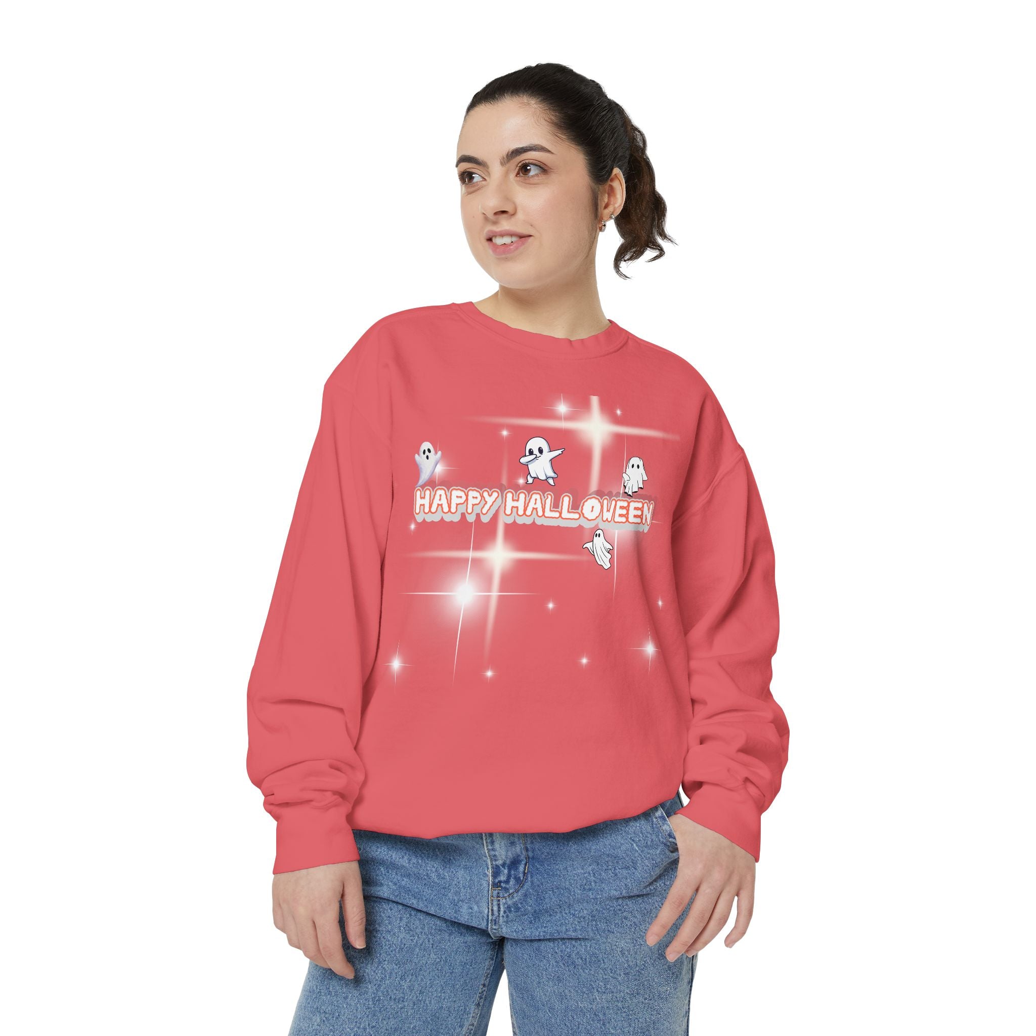 Happy Halloween Unisex Sweatshirt, Cozy Fall Apparel, Ghost Print Sweater, Halloween Gift, Trendy Sweatshirt for Men and Women